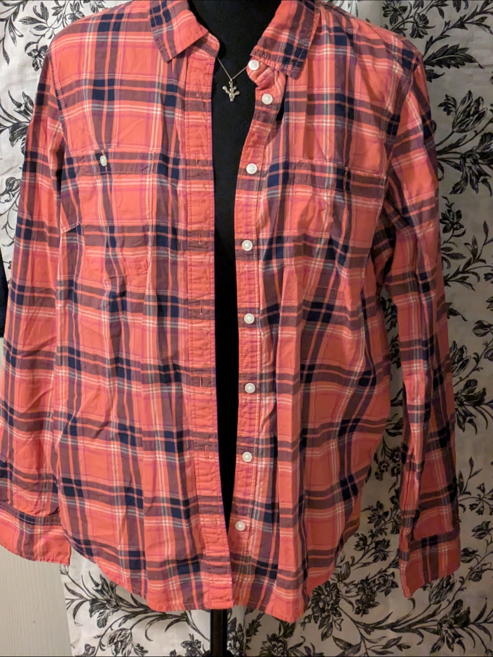 St. John's Bay Coral and Navy Plaid Button-Up Shirt